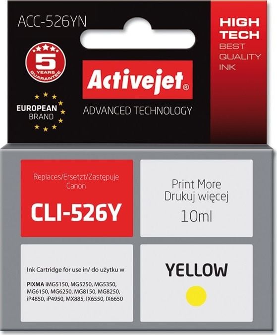 Cerneală Activejet Cerneală Activejet Activejet ACC-526YN (de înlocuire Canon CLI-526Y; Supreme; 10 ml; galben)