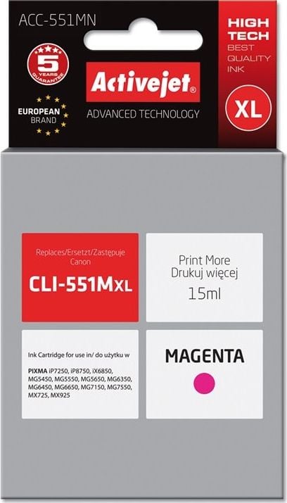 Cerneală Activejet Cerneală Activejet Activejet ACC-551MN (de înlocuire Canon CLI-551M; Supreme; 15 ml; roșu)