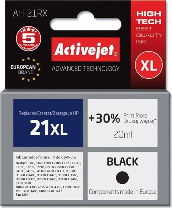 Cerneală Activejet Cerneală Activejet Activejet AH-21RX (de înlocuire HP 21XL C9351A; Premium; 20 ml; negru)