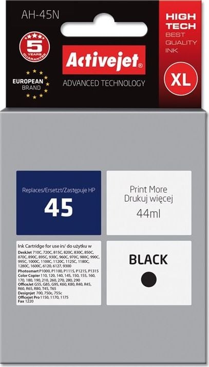 Cerneală Activejet Cerneală Activejet Activejet AH-45N (înlocuire HP 45 51645A; Supreme; 44 ml; negru)