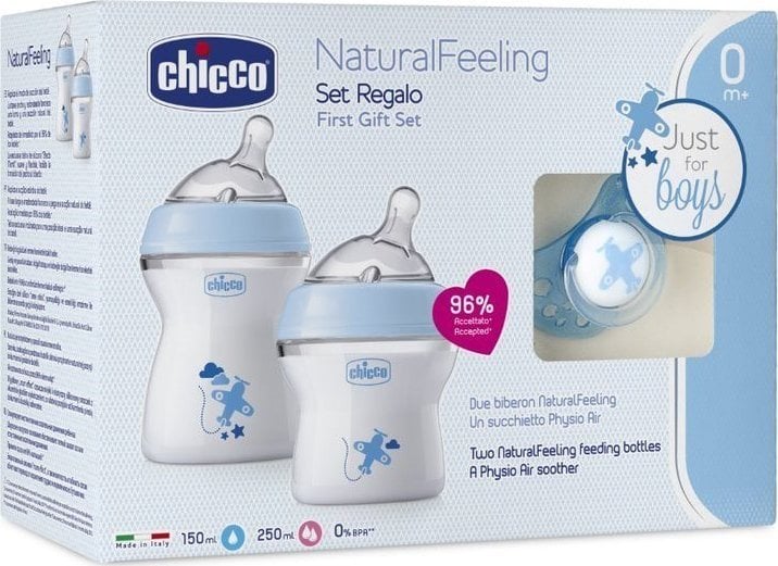 Chicco CHICCO_SET Set de hrănire NaturalFeeling biberon 150ml 0m+ + biberon 250ml 2m+ + tetina PhysioForma Comfort 0m+ Albastru