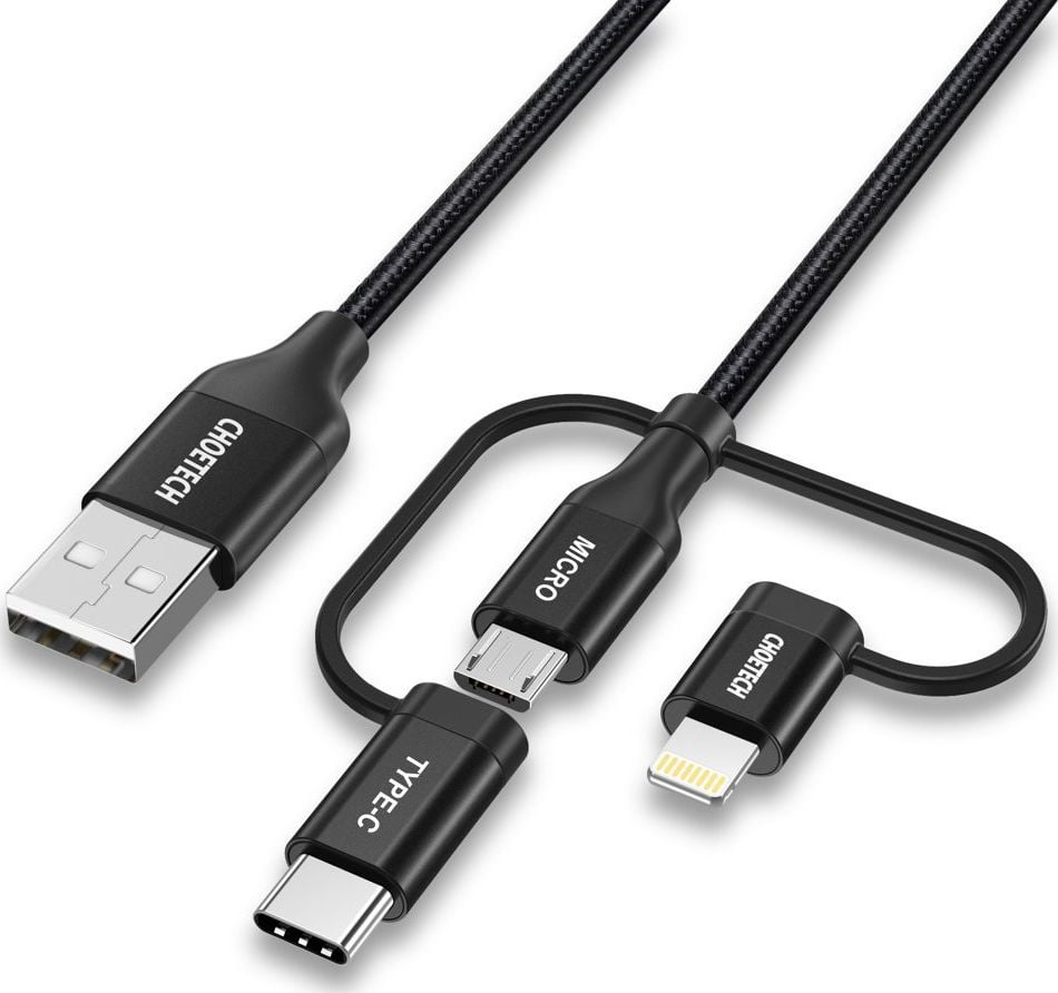 Choetech USB-A - USB-C + microUSB + cablu Lightning 1,2 m Negru (IP0030 NEGRU)