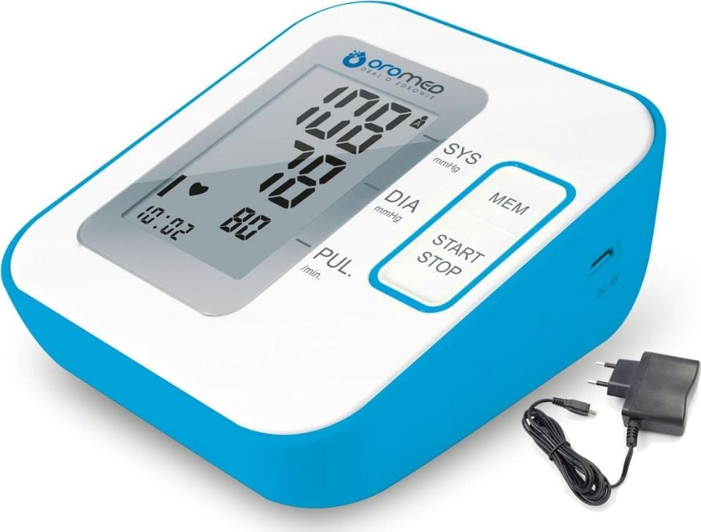Tensiometru Oromed ORO-N3 COMPACT cu alimentare, umăr, Oprire automată , Recunoașterea aritmiilor cardiace,Afișaj electronic, Alb și albastru