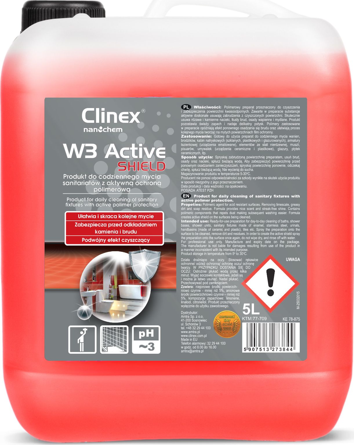 Soluția de curățare a toaletei pentru baie Clinex îndepărtează rugina și depunerile de săpun CLINEX W3 Active SHIELD 5L Soluția de curățare a toaletei pentru baie îndepărtează rugina și depunerile de săpun CLINEX W3 Active SHIELD 5L