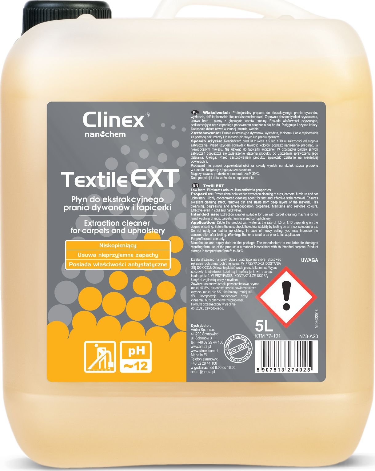 Clinex Lichid pentru spălarea mașină și manuală a covoarelor și tapițeriei CLINEX Textile EXT 5L Lichid pentru spălarea automată și manuală a covoarelor și tapițeriei CLINEX Textile EXT 5L