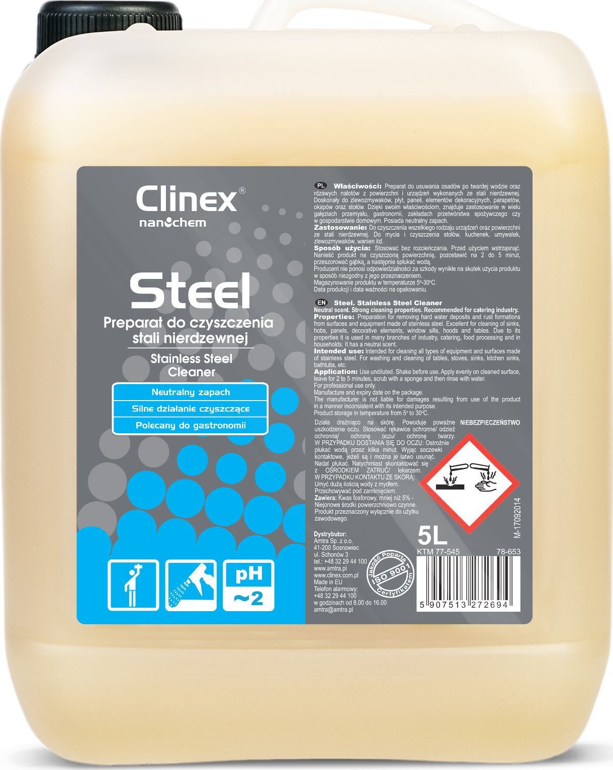 Clinex Lichid pentru spălarea mobilierului și dispozitivelor din oțel inoxidabil CLINEX Gastro Steel 5L Lichid pentru spălarea mobilierului și dispozitivelor din inox CLINEX Gastro Steel 5L