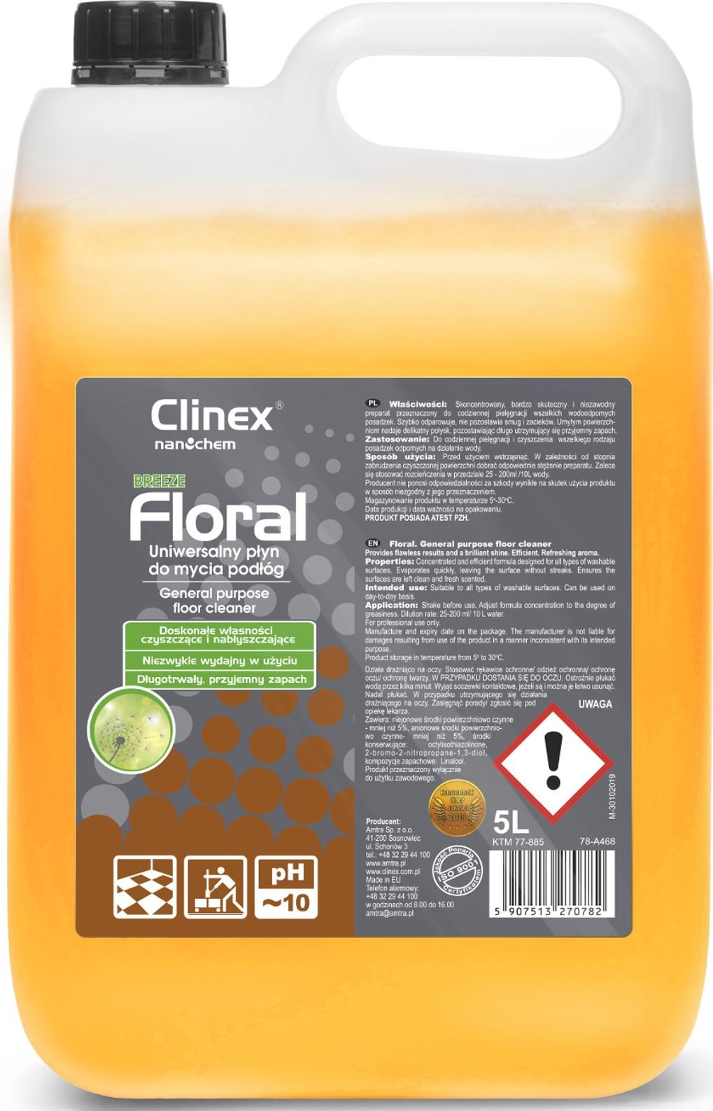 Clinex Detergent pentru podea fără dungi, luciu CLINEX Floral - Breeze 5L Detergent pentru podea fără dungi, strălucire CLINEX Floral - Breeze 5L