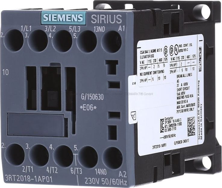 Contactor de putere Siemens 16A 3P 230V AC 1NC 0R S00 (3RT2018-1AP01)