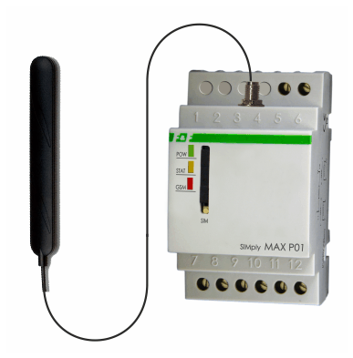 control de la distanță Releu GSM SMS, 2xWY, 2xWE, on / off / 230V AC notifica contact 1NO / NC șină DIN SIMPLYMAX-P01