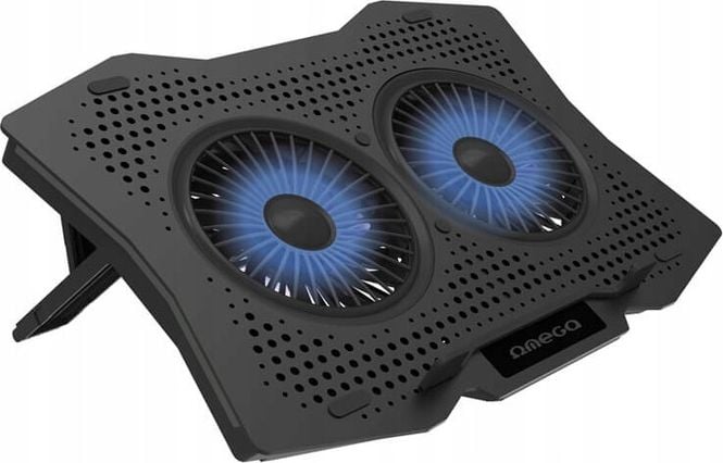 Cooler laptop 10''- 18'', cu 2 ventilatoare, Omega 45425, cu iluminare LED albastra si reglare inaltime, negru
