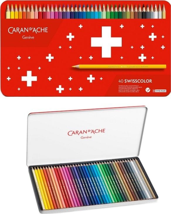 Creioane Caran d`Arche Swisscolor Aquarelle, cu efect de acuarela, hexagonale, 40 bucati, culori asortate