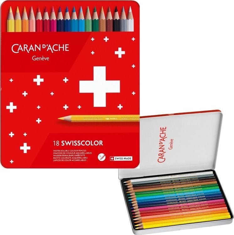 Creioane Caran d`Arche Swisscolor Aquarelle, efect acuarela, hexagonale, 18 bucati, culori asortate
