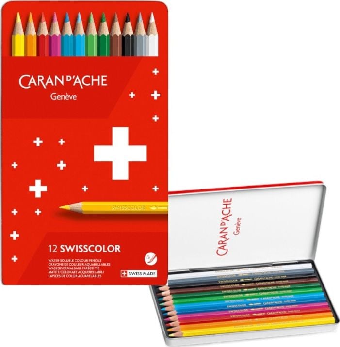 Creioane Caran d`Arche Wisscolor Aquarelle, cu efect de acuarela, hexagonale, 12 bucati, culori asortate
