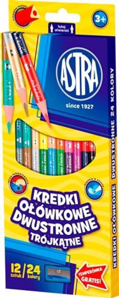 Creioane colorate triunghiulare + ascutitoare, Astra, Lemn, 12 buc, 24 culori
