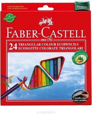 Creioane Colorate Triunghiulare cu Ascutitoare Eco Faber-Castell, 24 culori