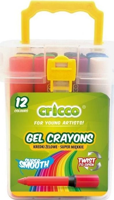 Creioane cu gel Cricco Twist 12 culori Găleată CRICCO