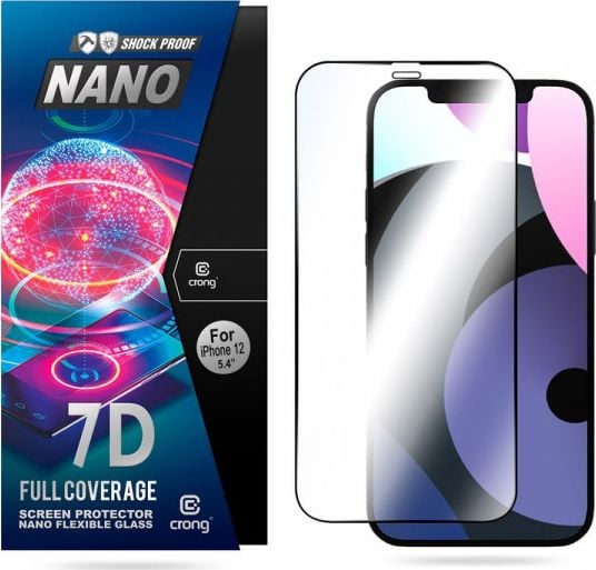 Crong Crong 7D Nano Flexible Glass - Sticlă hibridă 9H care nu poate fi spartă pentru întregul ecran al iPhone 12 Mini