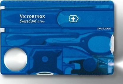Cutit de buzunar elvetian, Victorinox SwissCard, Lite Sapphire, 0.7322.T2, 13 functii, 85 mm x 54,5 mm x 4,5 mm, Albastru/Transparent