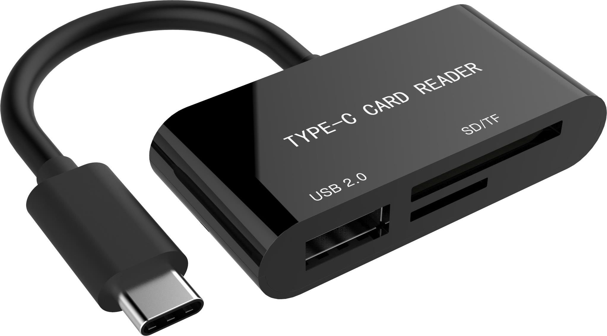 Card reader - Cititor de carduri Gembird 10079, interfata USB 3.1 tip C tata, citeste si scrie microSD, SDHC, SDXC, iesire USB 2.0 mama, negru