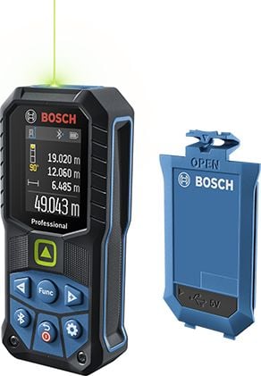 Telemetru profesional pe acumulator laser verde Bosch 0601072U01, 515 nm, ± 1.5 mm precizie, IP 65, Bluetooth 4.2, acumulator Li-Ion, 3.7V, 1 Ah, cablu USB, curea transport, huse de protectie