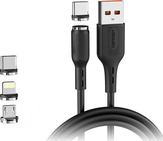 Denmen USB-A - USB-C + microUSB + cablu Lightning 1 m Negru (29367)