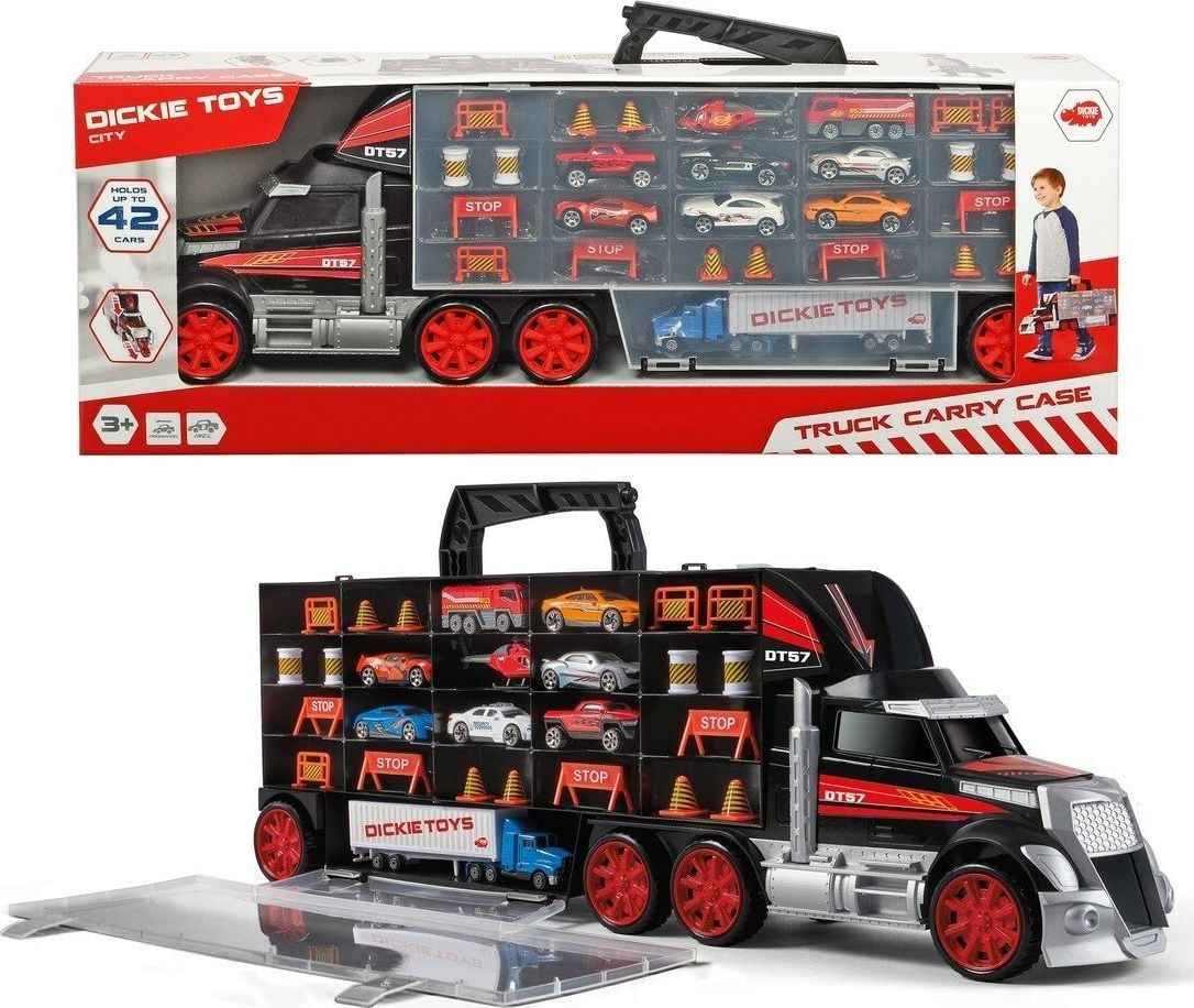 Set jucarie camion cu maner Dickie, 7 vehicule + elicopter, 29 piese