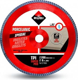 Disc diamantat pentru gresie portelanata, TPI200 SUPERPRO Rubi, diamnetru exterior disc 200mm, diametru interior disc 25.4mm