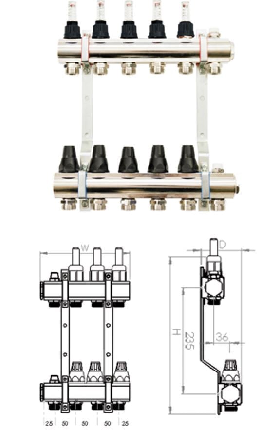 Distribuitor din alamă cu robinet termostatic și debitmetru 409x346x87mm (RMZTP-7)