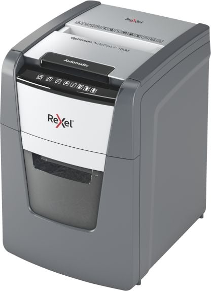 Distrugator documente automat REXEL OPTIMUM 100M, P5, micro-cut (particule), 100 coli, cos 34l, negru-gri