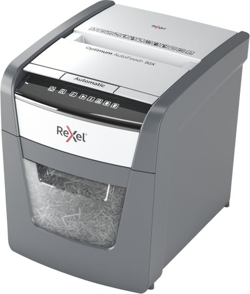 Distrugator documente automat REXEL OPTIMUM 50X, P4, cross-cut (confeti), 50 coli, cos 20l, negru-gri