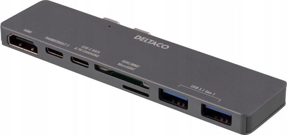 Docking station DELTACO Dual USB-C pentru MacBook Pro, Thunderbolt 3, 100W USB-C PD, 4K HDMI, argintiu