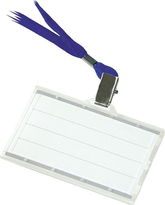 Articole si accesorii birou - Ecuson orizontal DONAU cu snur textil albastru (51 cm) si clips (tip crocodil), plastic rigid, 85 x 50 mm