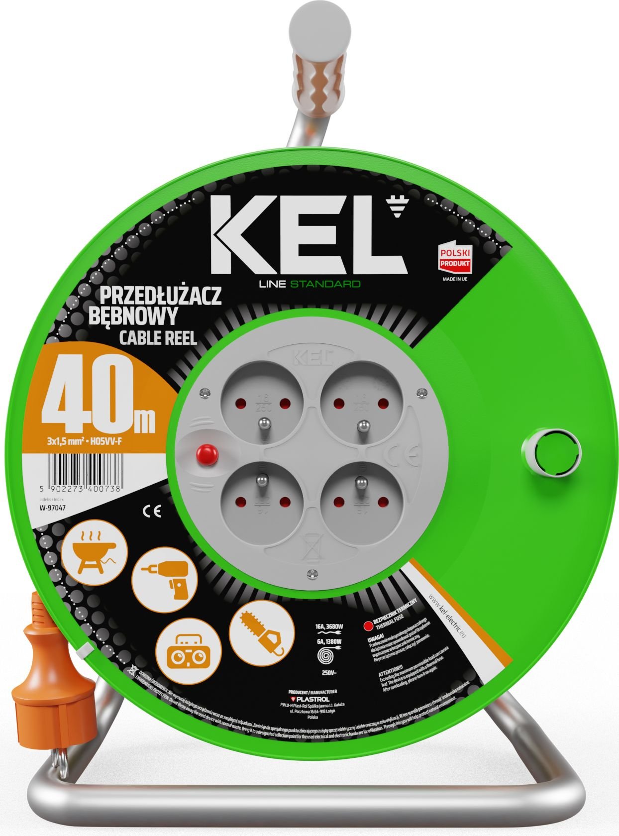 Drum Linie de extensie standard 4x2p + Z 16A 3680W 40m portocaliu KEL