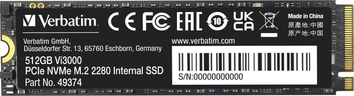 Dysk SSD Verbatim Dysk SSD wewnętrzny Verbatim wewnętrzny NVMe, 512GB, GB, Vi3000 M.2, 49374, 3300 MB/s-R, 2500 MB/s-W