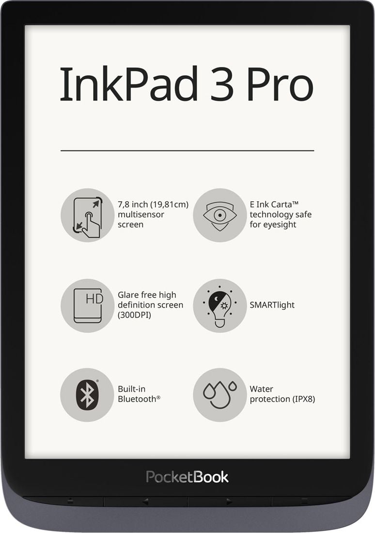 eBook Reader PocketBook Inkpad 3 Pro, 7.8`, 16GB, rezistent la apa, WiFi, Bluetooth, husa protectie inclusa, Gri metalizat
