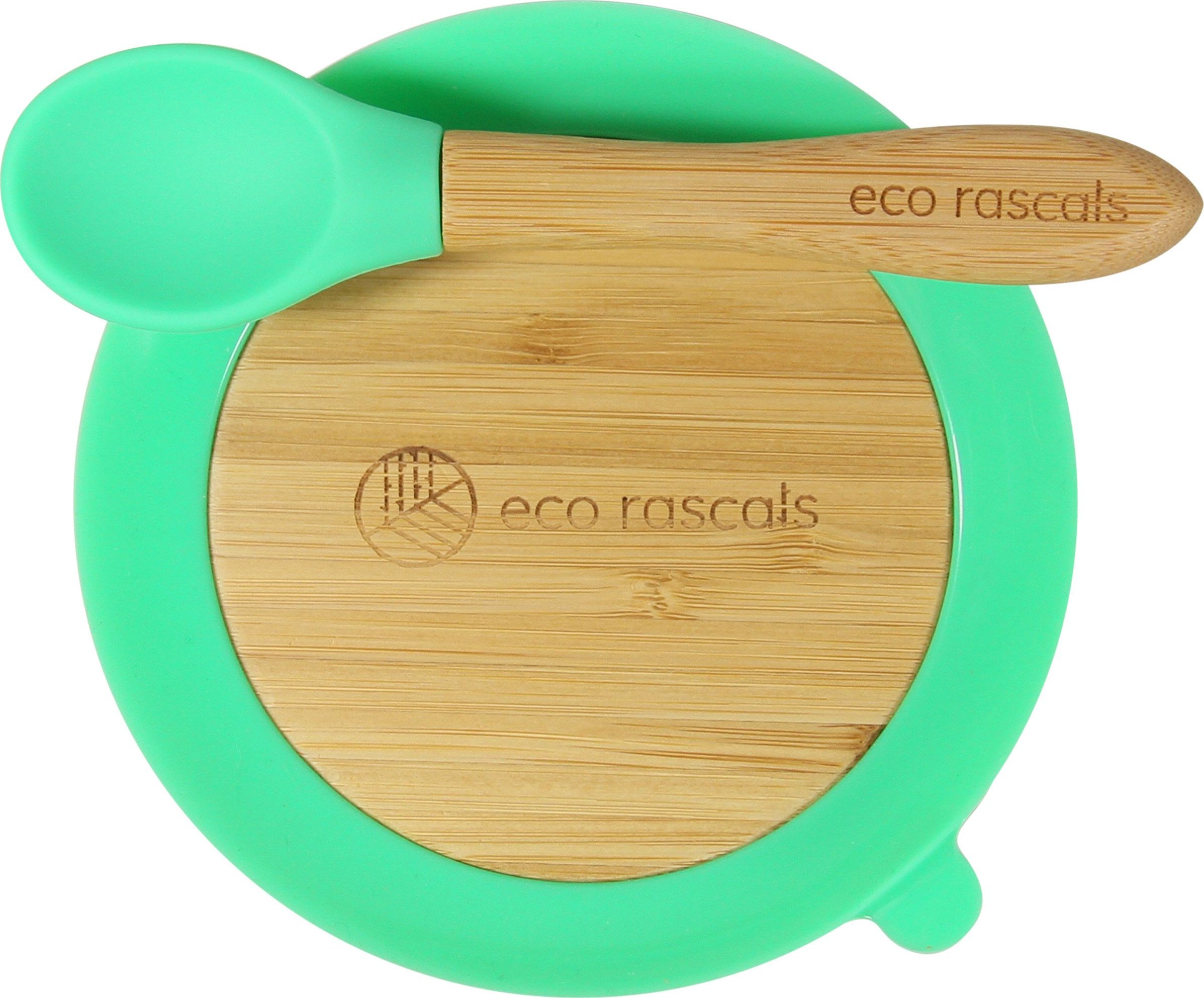 ECO RASCALS ECORASCALS Bol din bambus de culoare verde inchis, cu ventuza si lingura