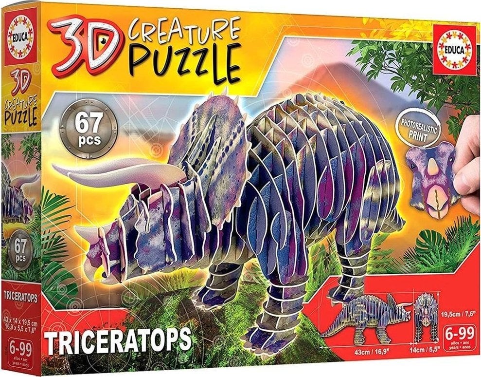 Educa Puzzle 3D Dinozauri - Triceratops 67 buc. G3