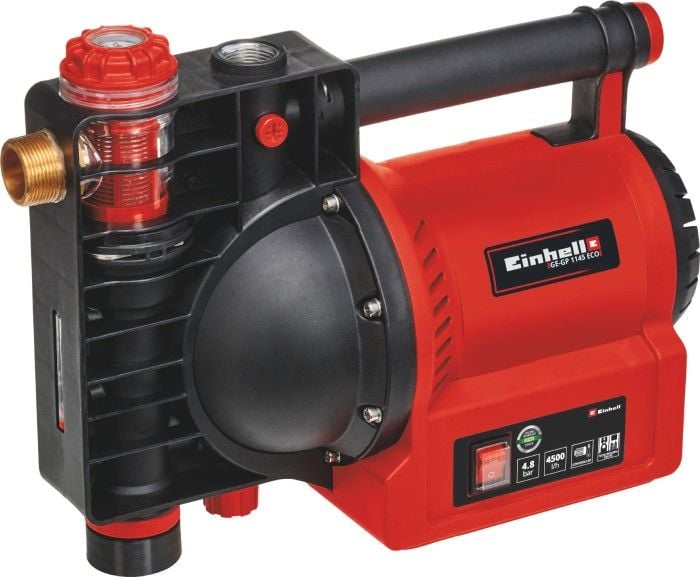 Pompa de suprafata pentru apa curata Einhell GE-GP 1145 ECO, 1100 W, 4500 l/h debit maxim, 4.8 bar presiune maxima, 35&deg;C temperatura maxima, aspiratie 8 m, inaltime maxima 48 m