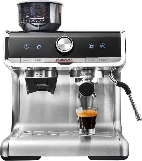 Espressor manual Gastroback 42616, 1550 W, 2.8 l, 15 bar, Rasnita de cafea incorporata, Dispozitiv de spumare, Inox/Negru