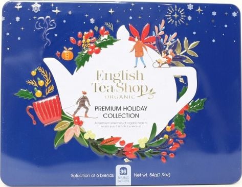 English Tea Sho Zestaw herbatek Premium Holiday Collection w ozdobnej niebieskiej puszce BIO