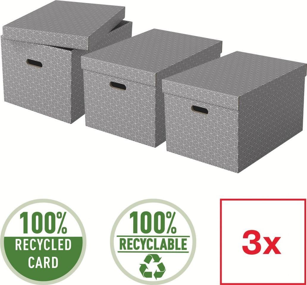 Set 3 cutii depozitare Esselte Home Recycled, carton, 51x35x30 cm, cu capac, gri