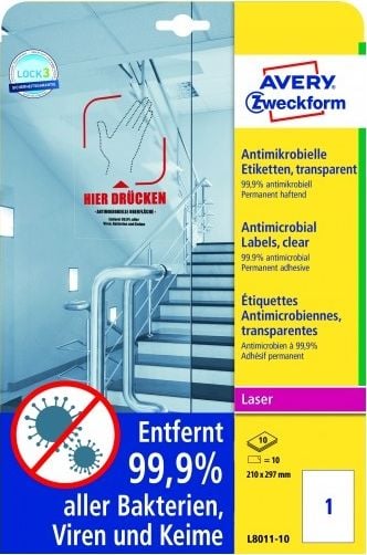 Etichete antimicrobiene Avery Zweckform L8011-10, transparent, 1/A4, dimensiuni 210x297 mm, 10 coli/top