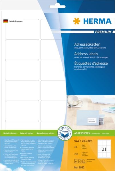 Etichete Herma Premium 8632, A4, Etichete pentru adresă, alb, 63,5 x 38,1 mm, hârtie mată, 210 buc (8632)