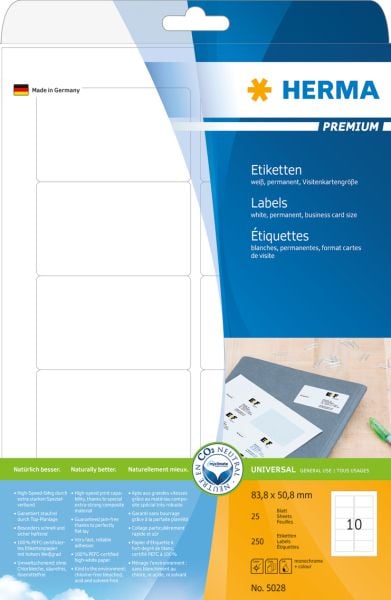 Etichete premium A4, alb, hartie mata, 250 buc., colturi rotunjite. (5028)