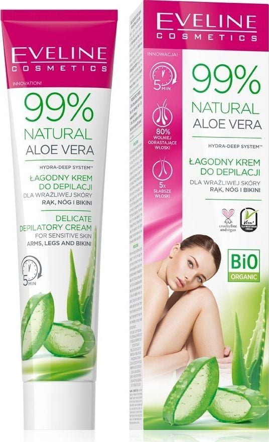 Crema depilatoare Eveline pentru pielea sensibila a bratelor, picioarelor, zona bikini cu 99% Aloe Vera naturala, 125 ml