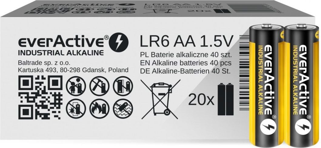 Baterii, acumulatori si incarcatoare - Set 40 bucati baterii everactive industrial lr6 aa alkaline 1.5v 2700mah