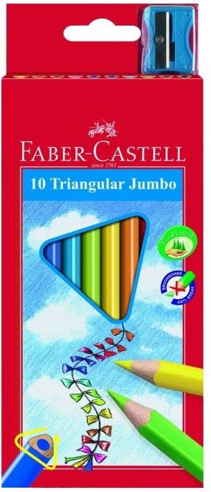 Creioane Colorate Jumbo in cutie carton Faber-Castell + Ascutitoare, 10 culori