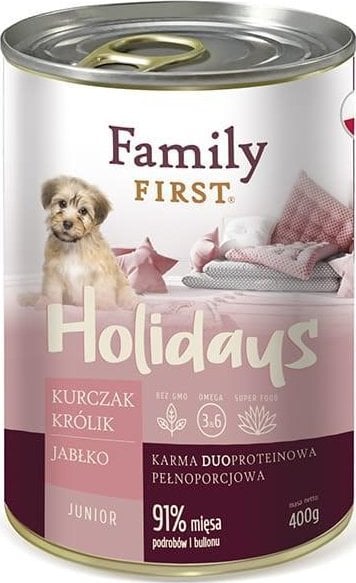 Family First Dog Can, vânat/Vită/morcov, junior, duoproteină, 400 g