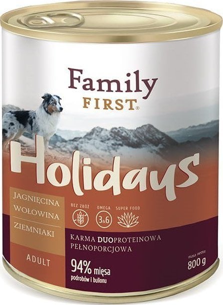 Family First Dog Can, MIEI/VIȚĂ/CATOVI, adult, duoproteină, 800 g