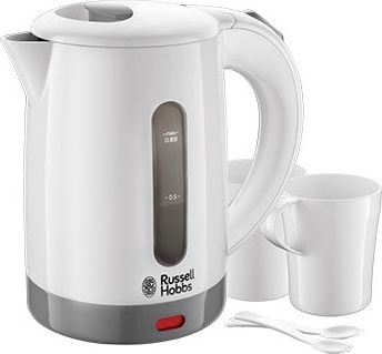 Fierbator compact de voiaj Russell Hobbs Travel 23840-70, 1000 W, 0.85 l, 2 cesti, 2 lingurite, Alb/Gri